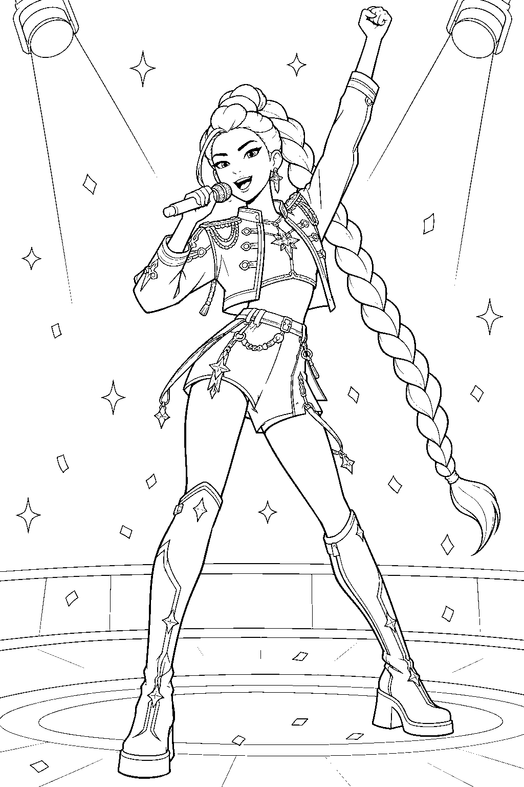 rumi kpop demon hunters singing golden on a concert stage line art