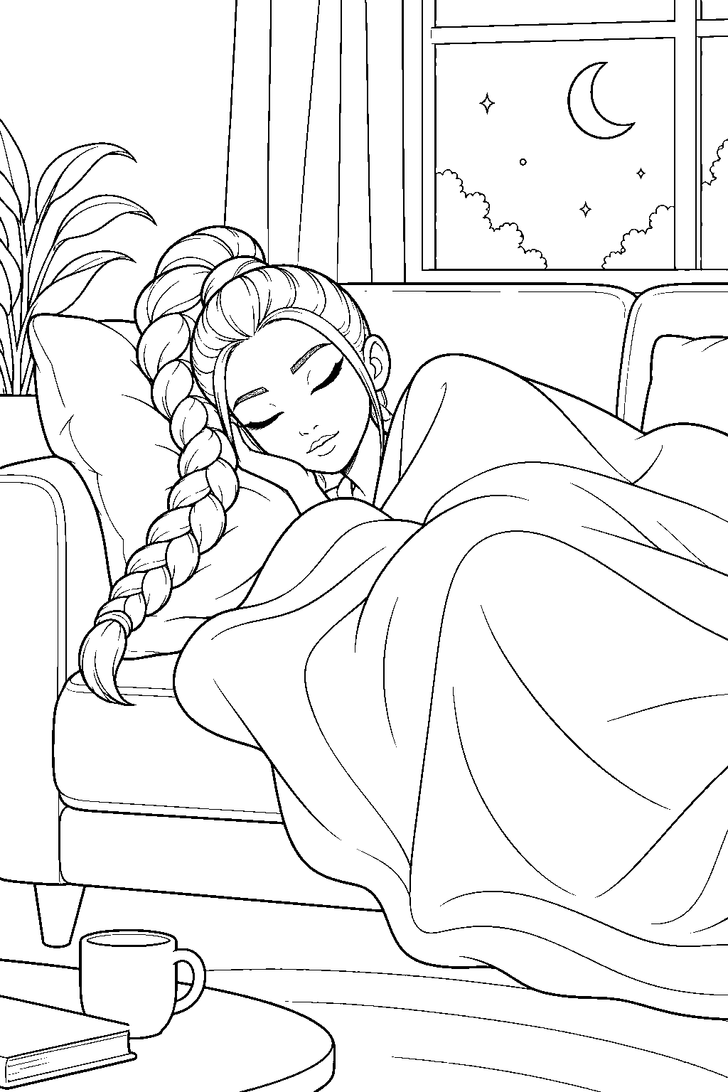 rumi kpop demon hunters sleeping under a blanket on the sofa line art