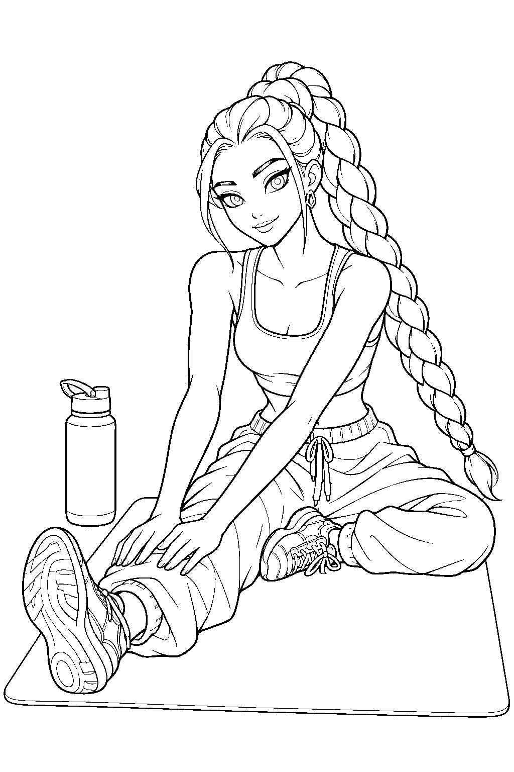 rumi kpop demon hunters stretching on a mat before dance practice line art