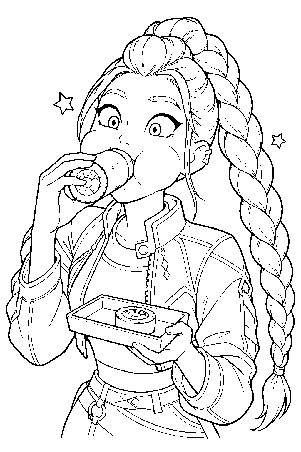 rumi kpop demon hunters stuffing a kimbap roll into her mouth line art