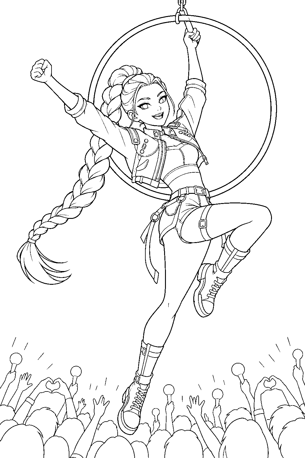 rumi kpop demon hunters swinging above fans on a golden ring line art