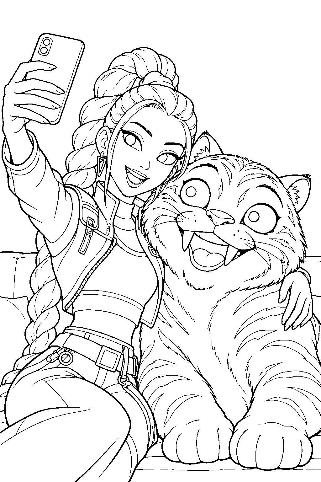 rumi kpop demon hunters taking a selfie with derpy tiger line art