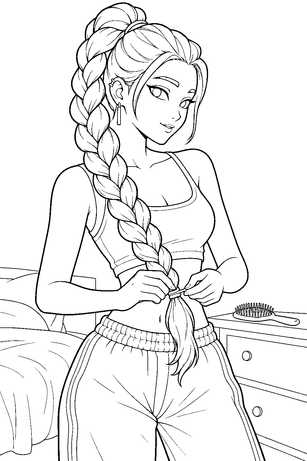 rumi kpop demon hunters tying her long braid in a bedroom line art