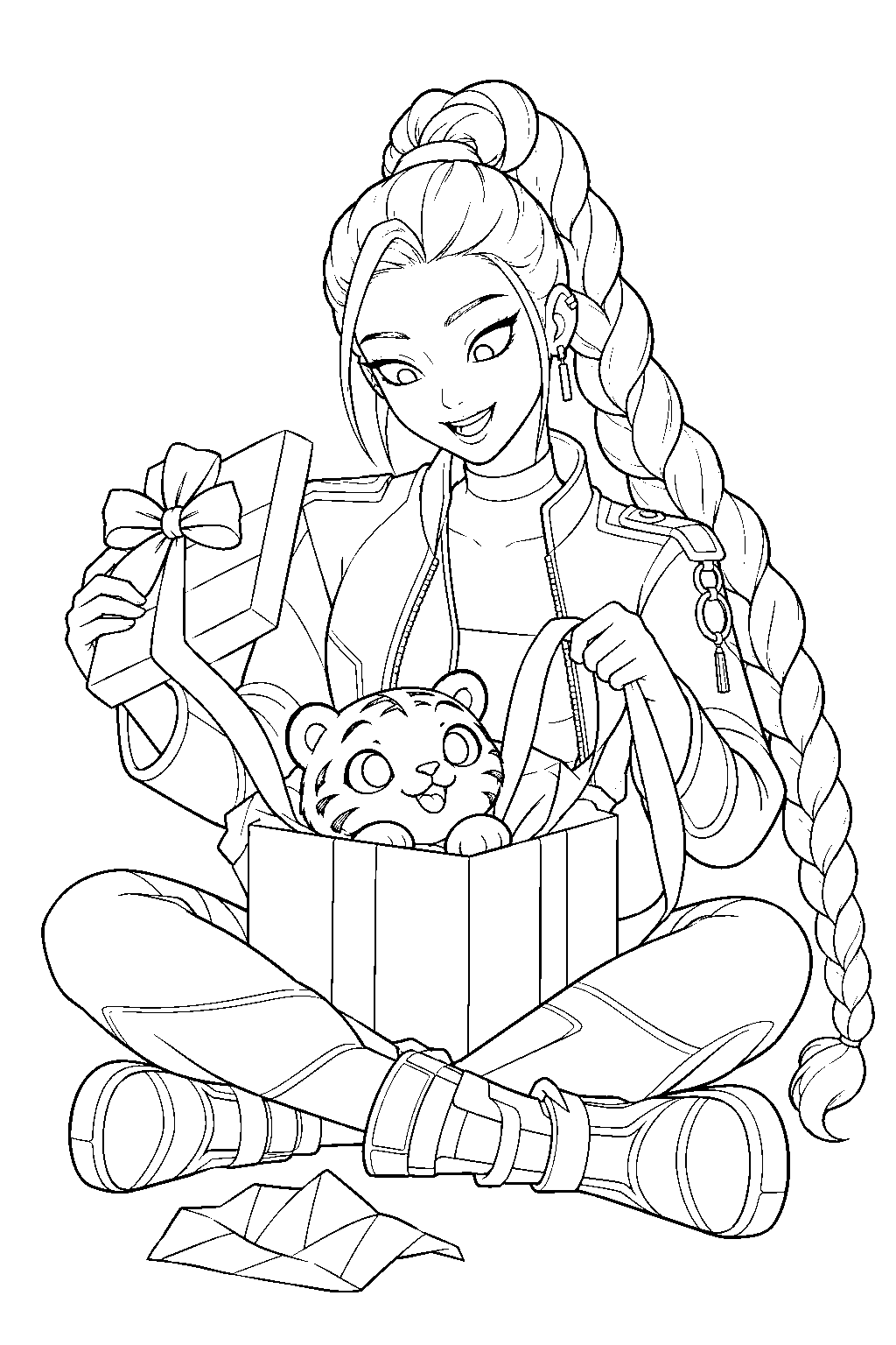 rumi kpop demon hunters unwrapping a gift from a fan line art