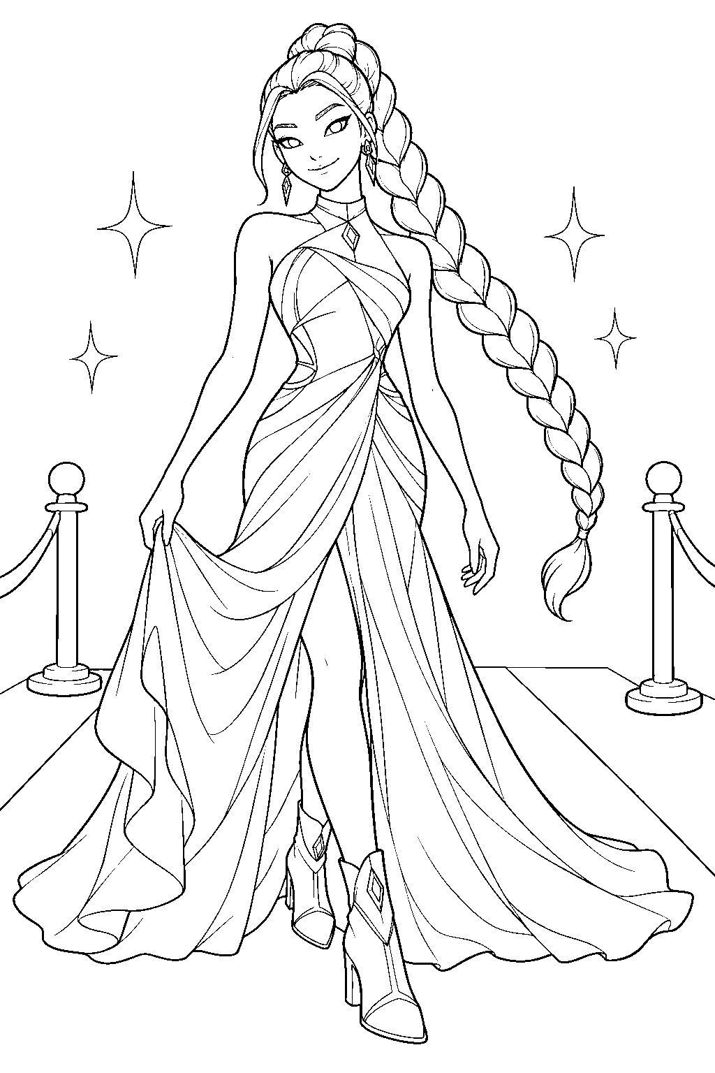 rumi kpop demon hunters walking the red carpet in a gown line art