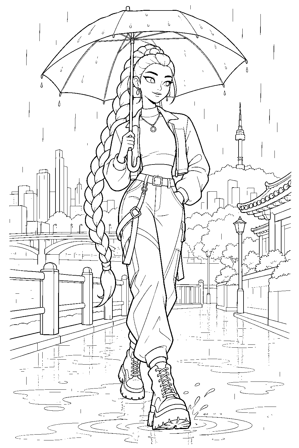 rumi kpop demon hunters walking through seoul with an umbrella line art