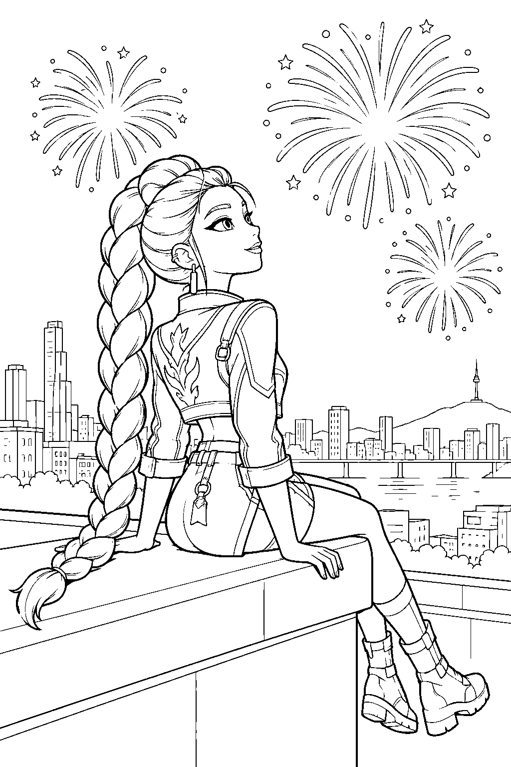 rumi kpop demon hunters watching fireworks from a rooftop line art