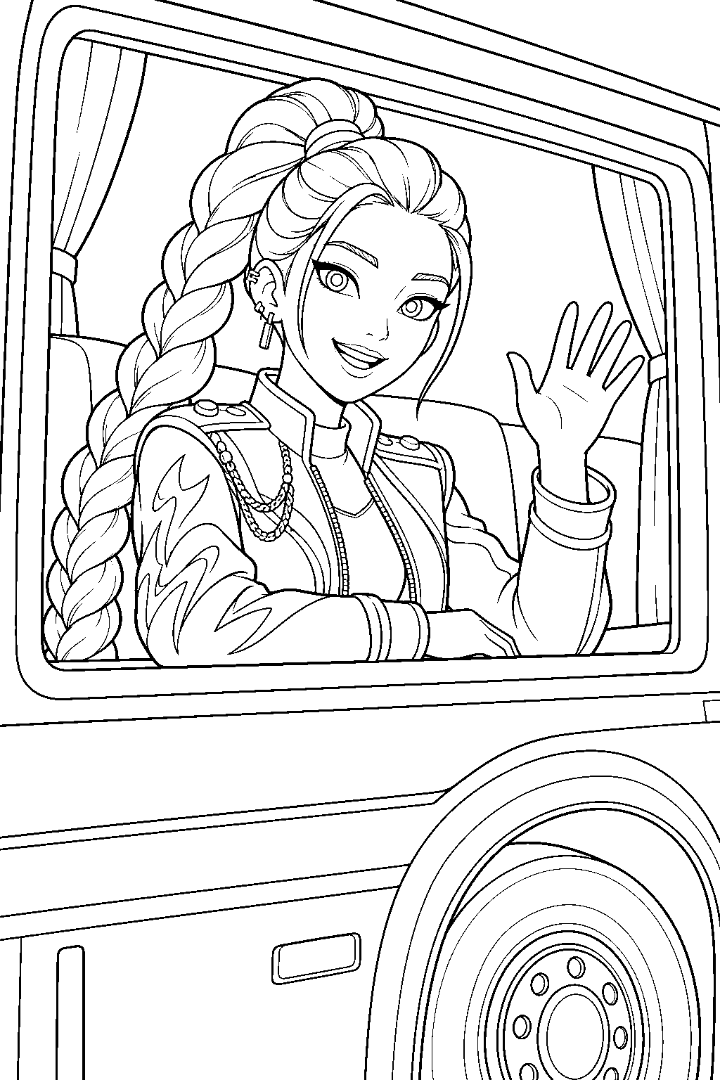 rumi kpop demon hunters waving to fans from a tour bus line art