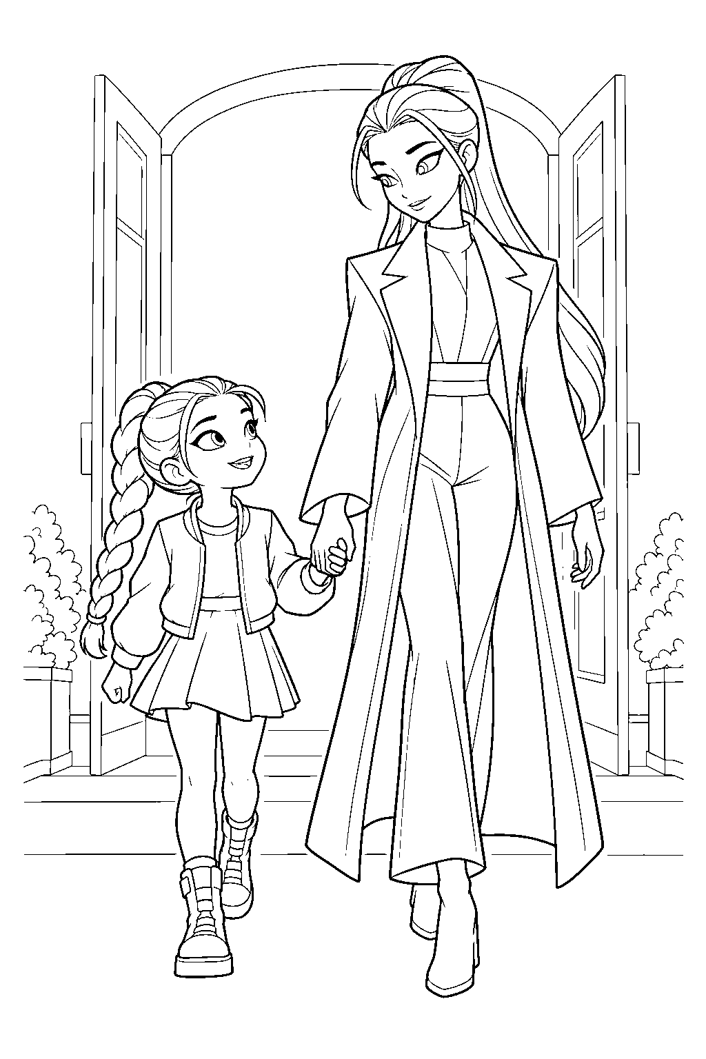 young rumi kpop demon hunters holding celine s hand line art