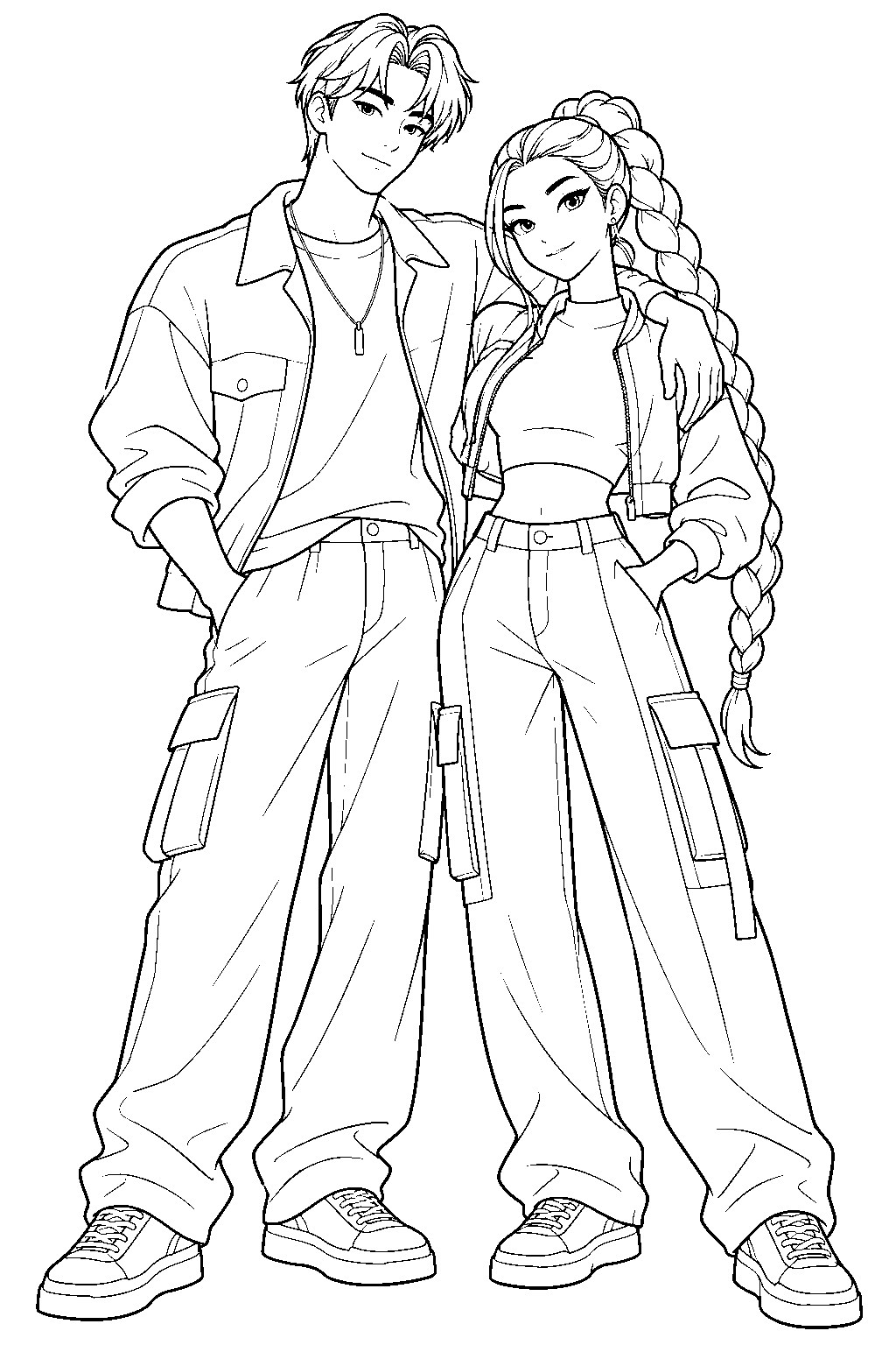 jinu and rumi standing together line art