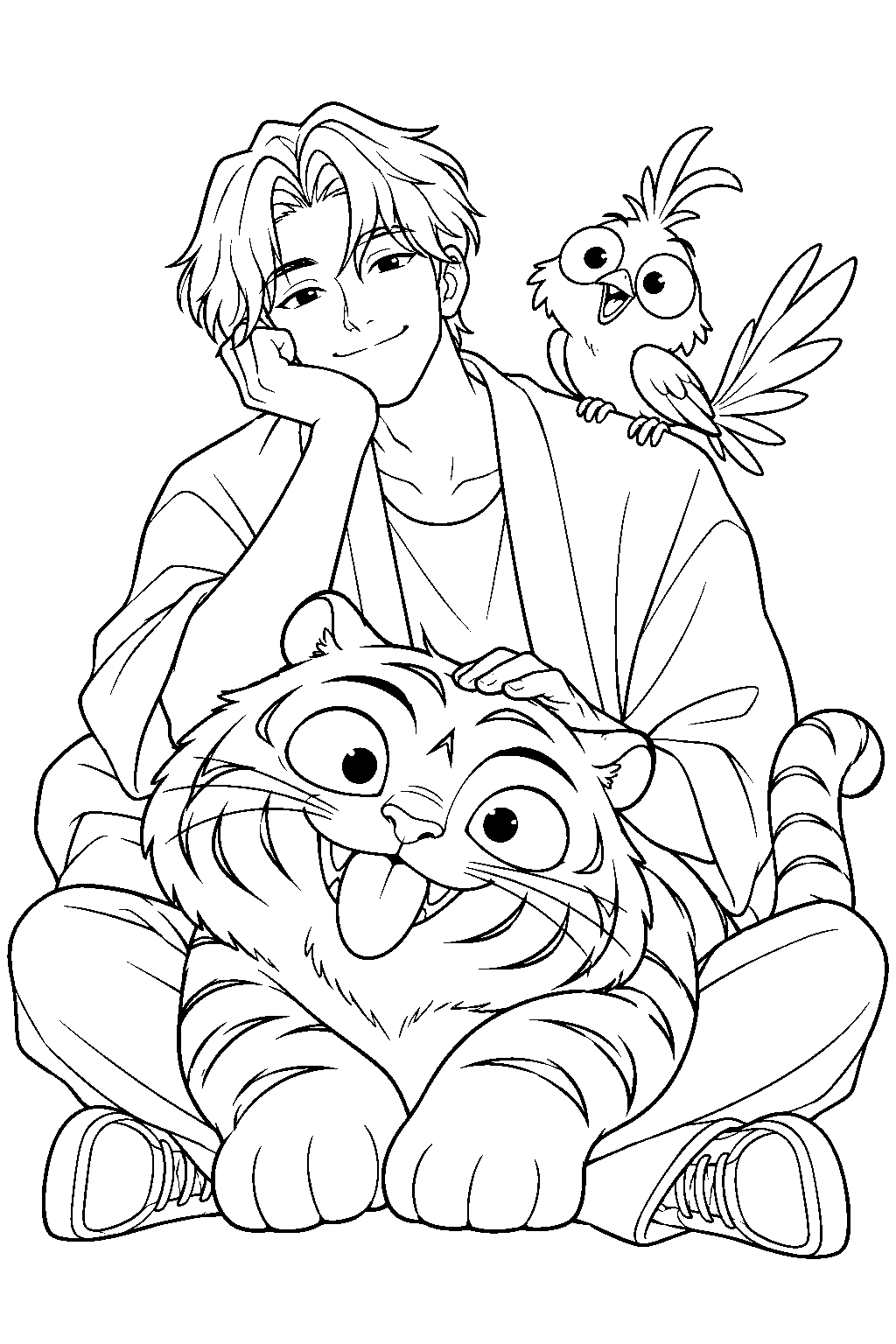jinu with derpy tiger and sussie bird line art