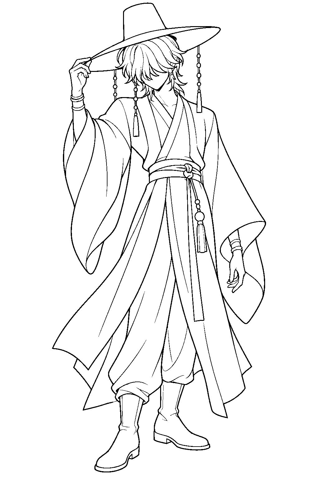 mystery saja hiding face with long bangs line art