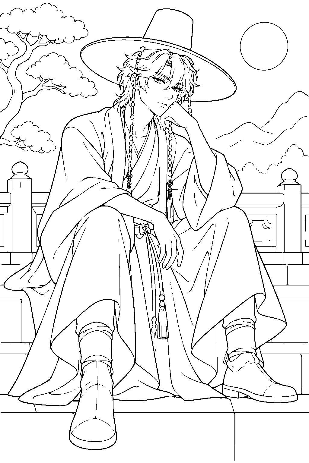 mystery saja thoughtful seated pose line art