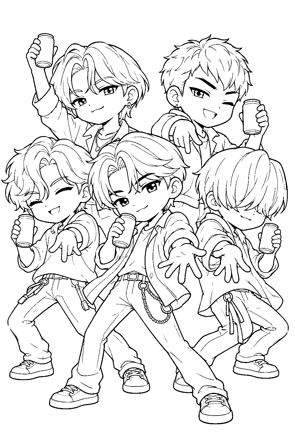 saja boys chibi group performing soda pop line art
