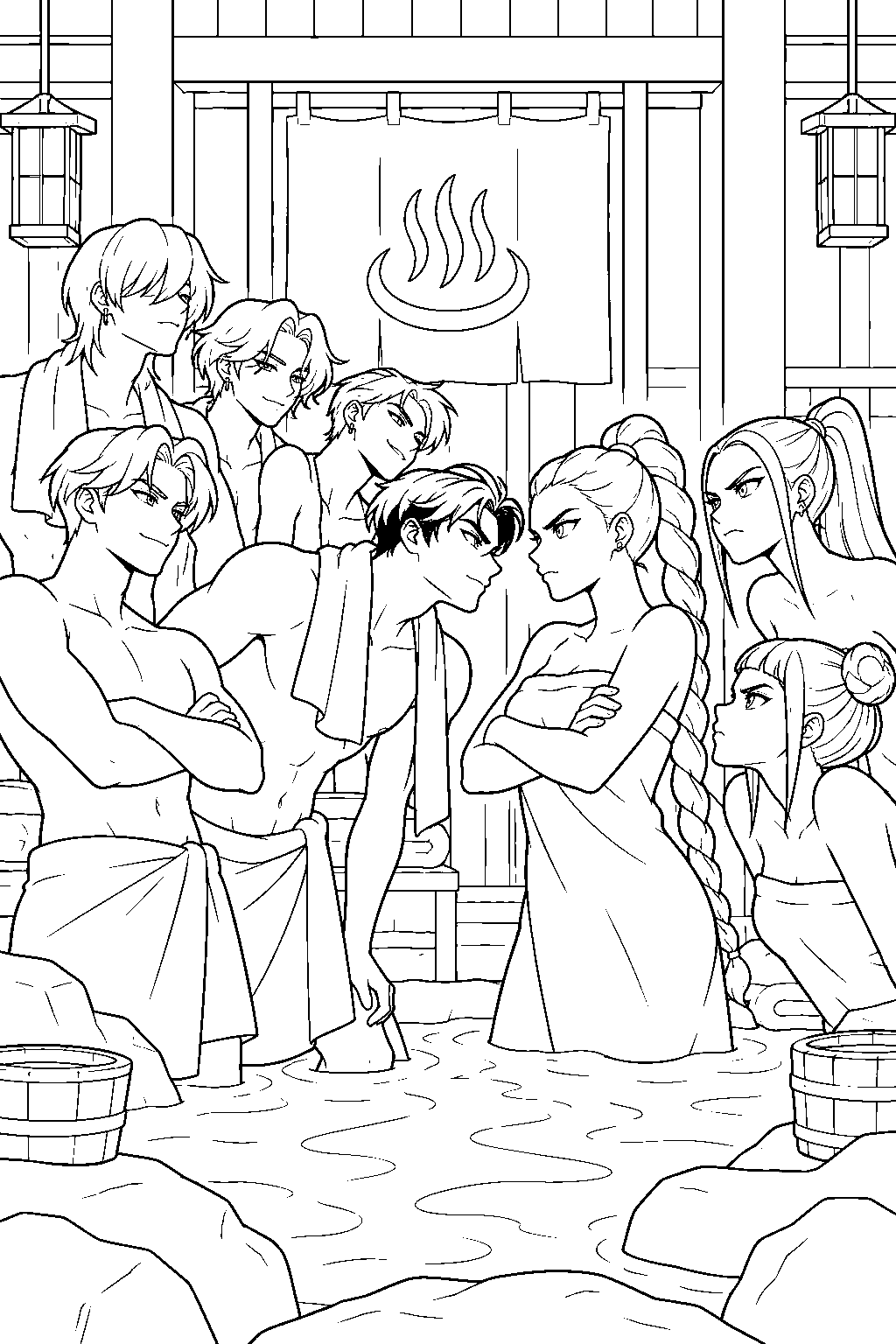 saja boys confronting huntr x at the bathhouse line art