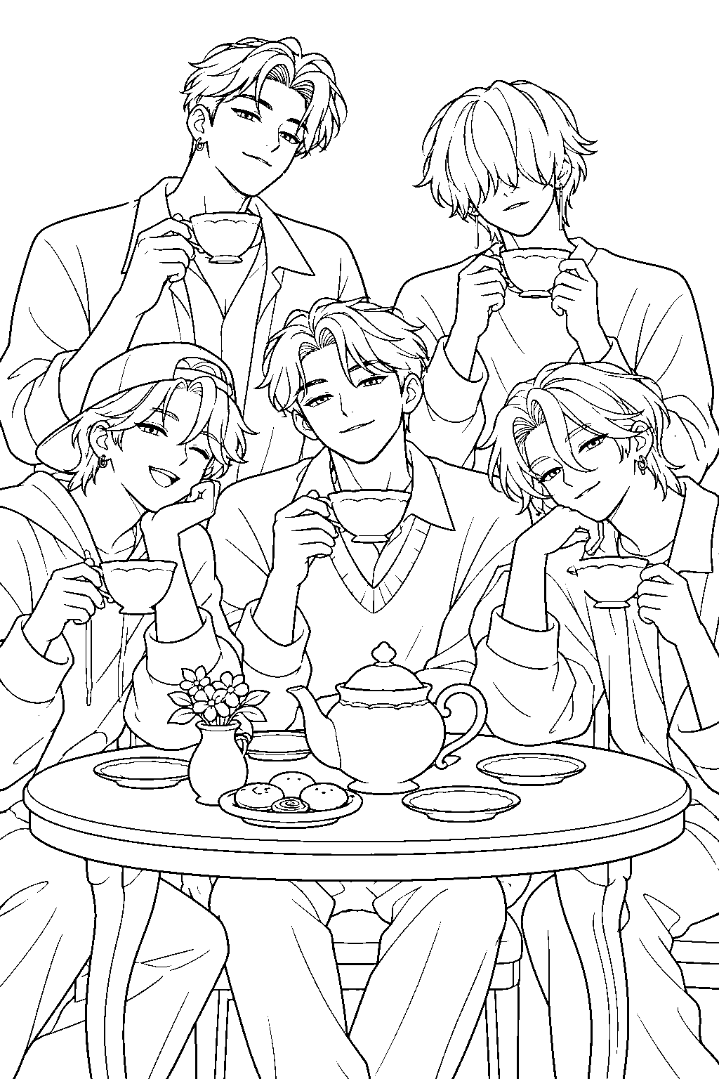 saja boys drinking tea together line art