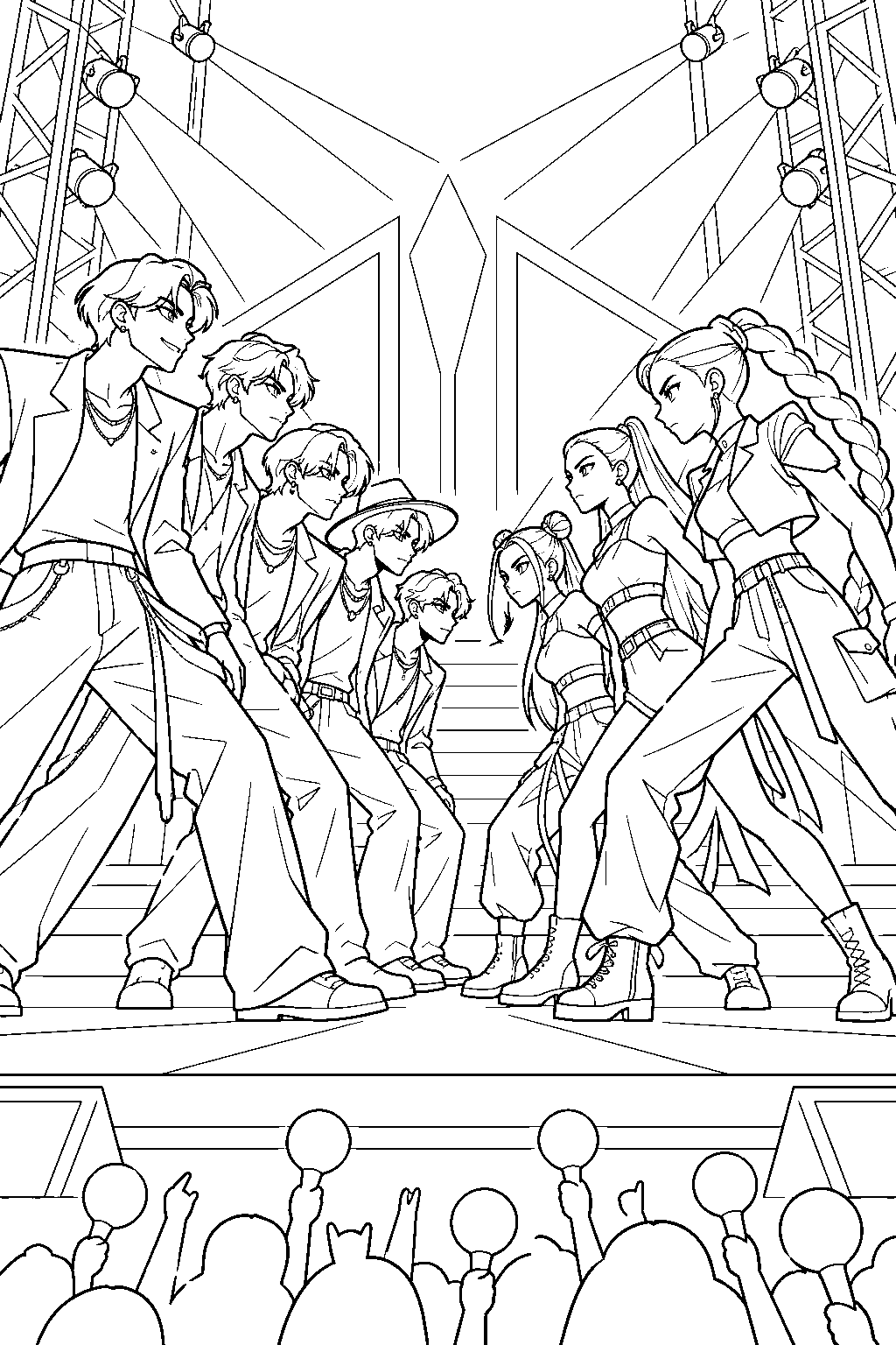 saja boys facing huntr x at the show line art