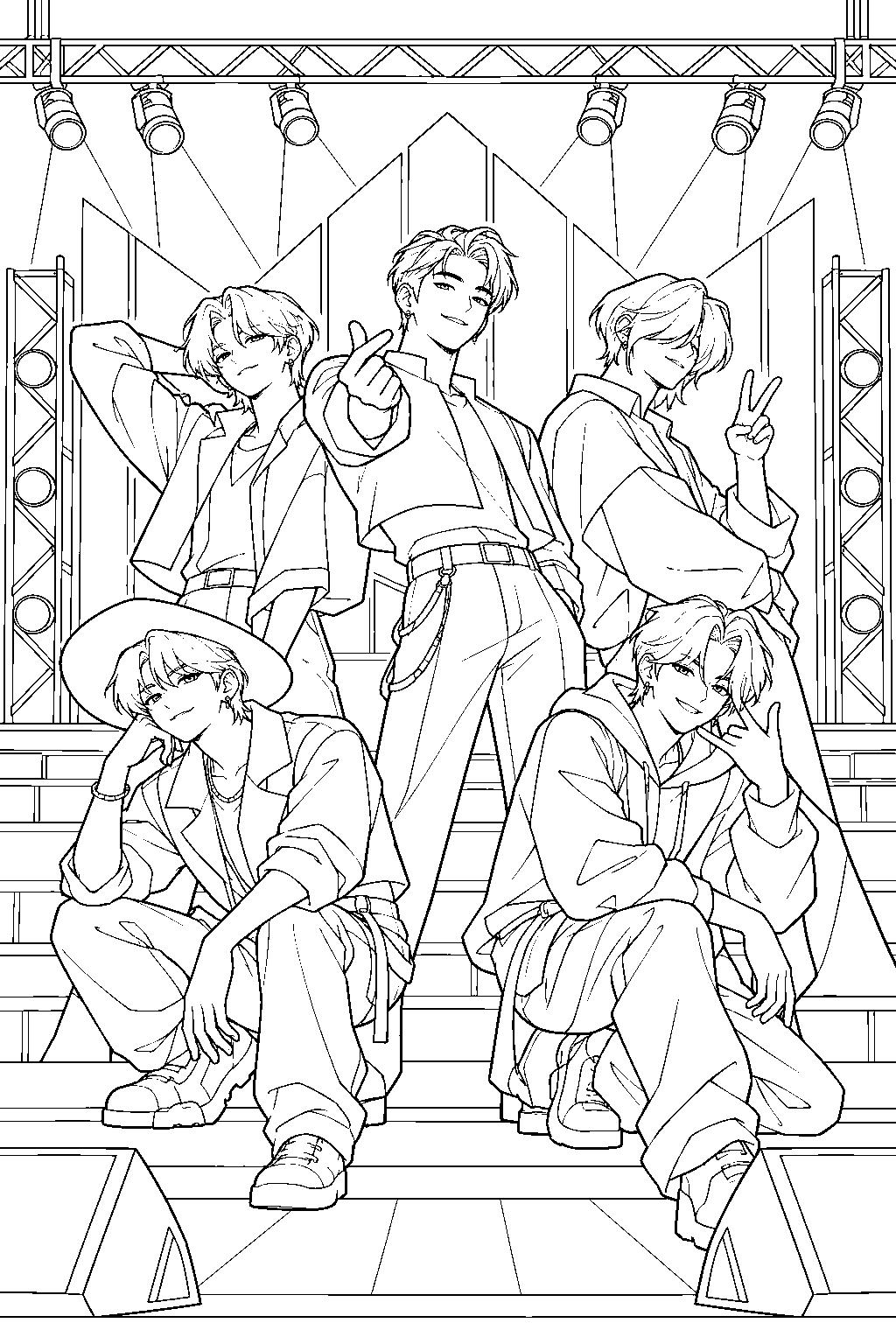 saja boys group pose on stage line art