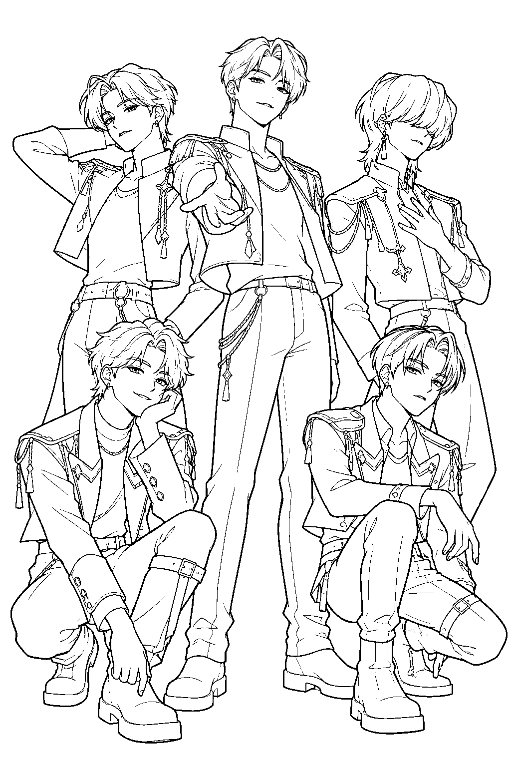 saja boys standing together in idol outfits line art