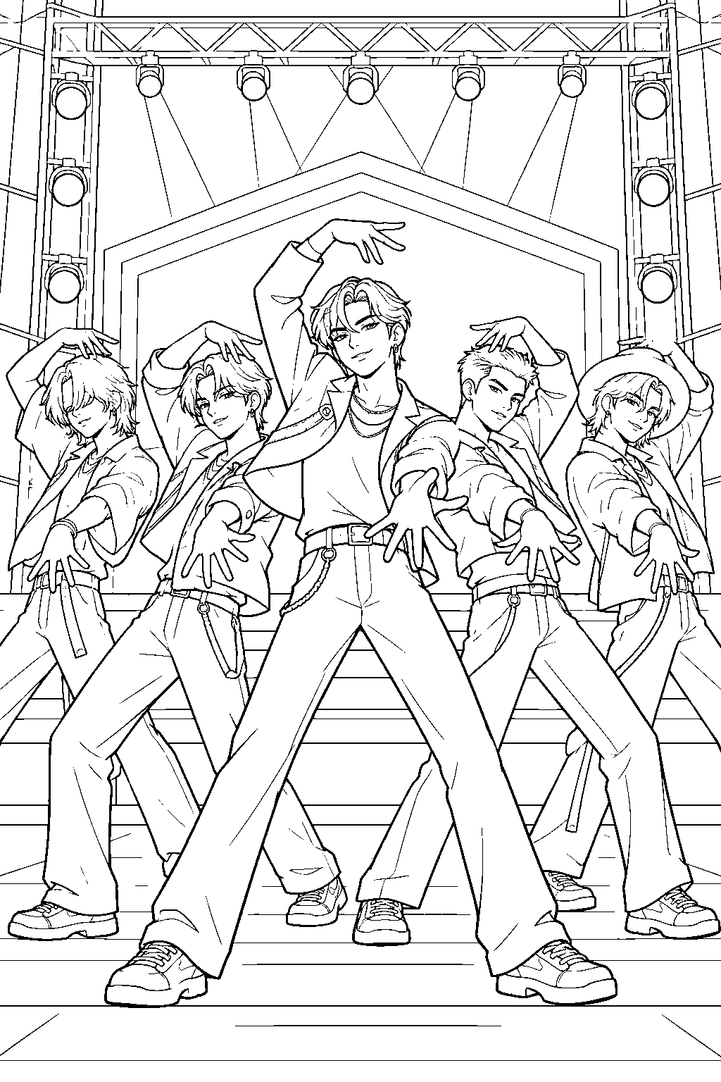 saja boys synchronized dance on a concert stage line art