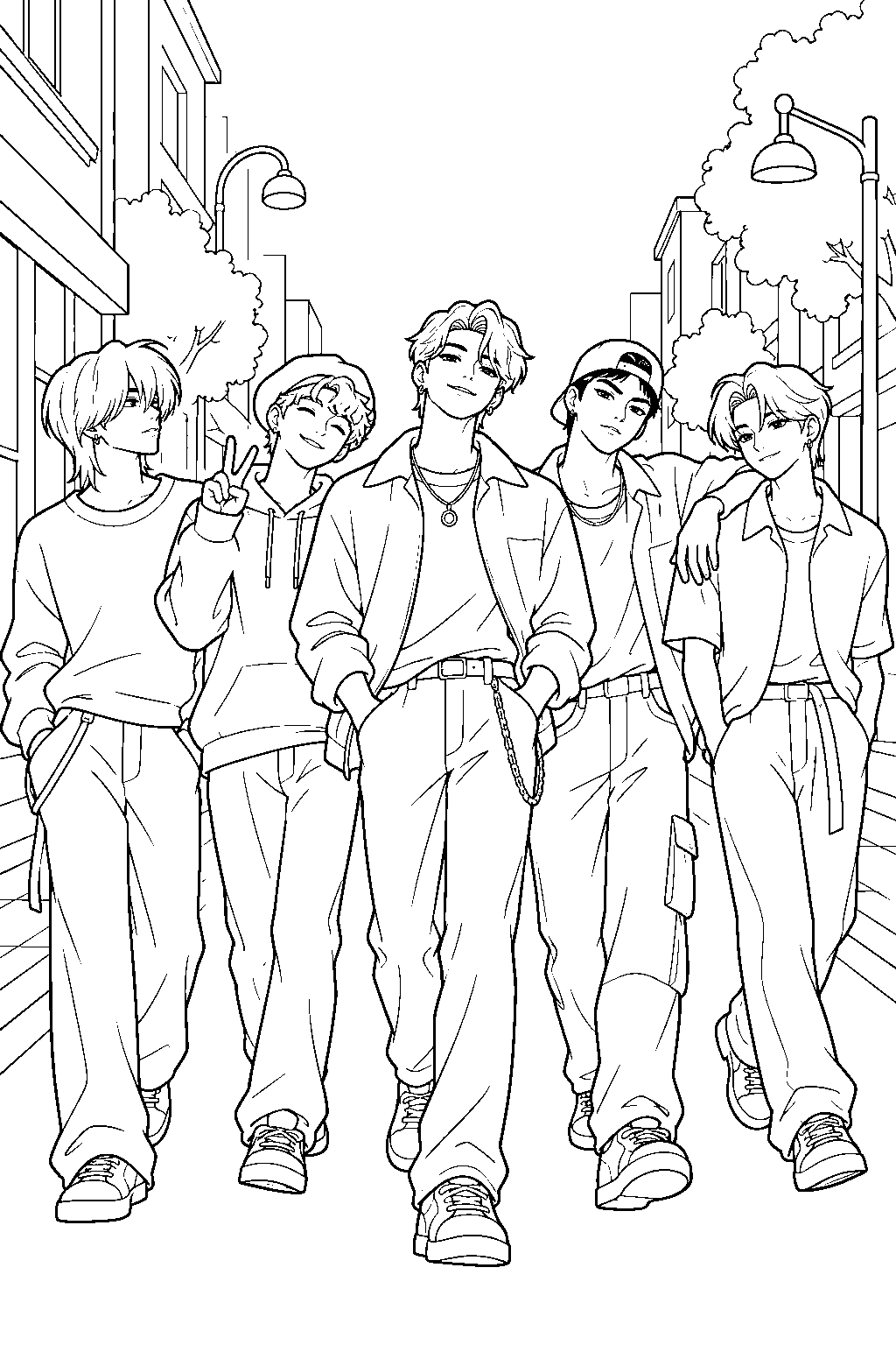 saja boys walking together in the street line art