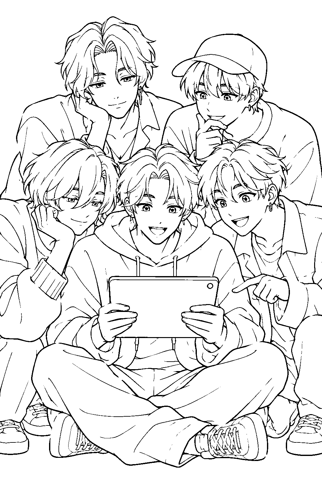 saja boys watching a tablet together line art