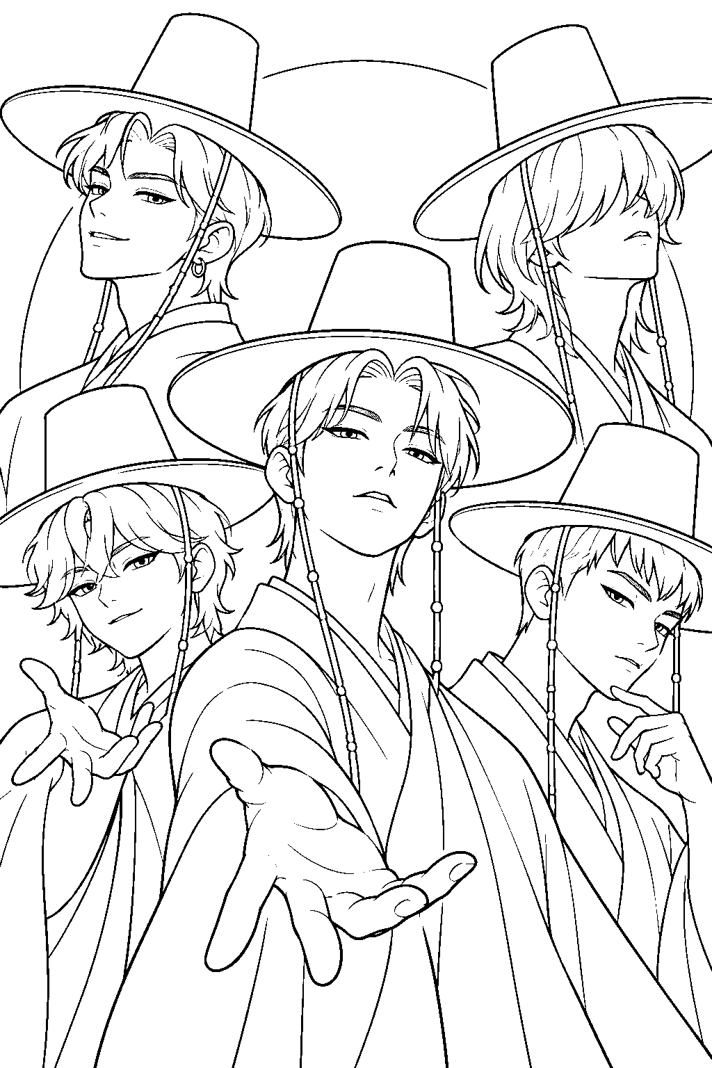 saja boys wearing black hats during your idol line art