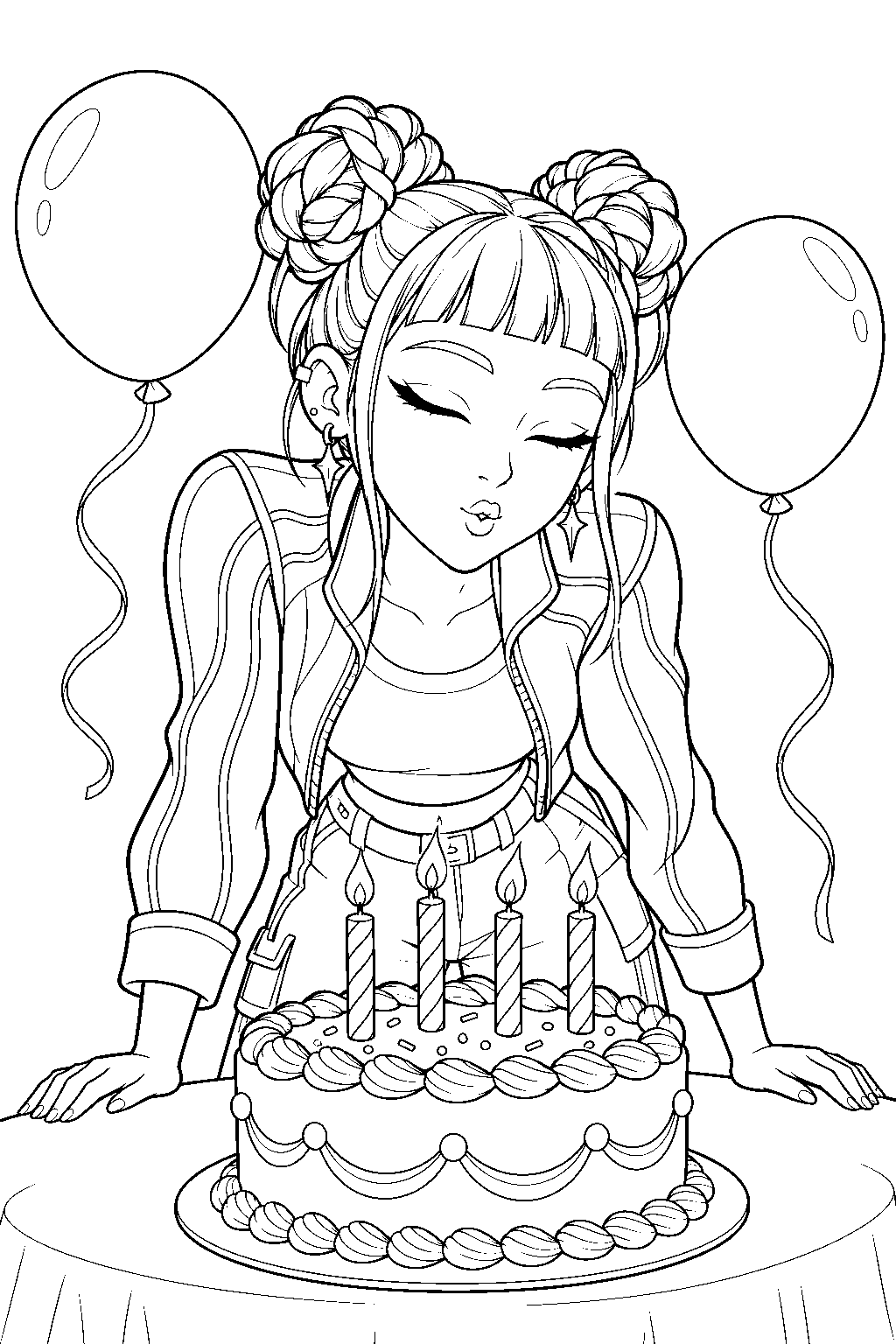 kpop demon hunters zoey blowing out birthday candles line art
