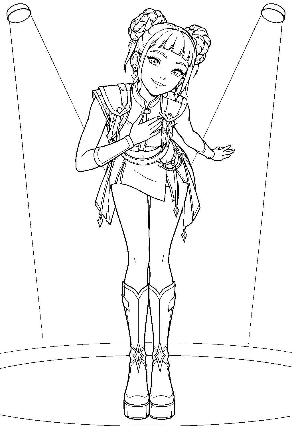kpop demon hunters zoey bowing in her golden stage outfit line art