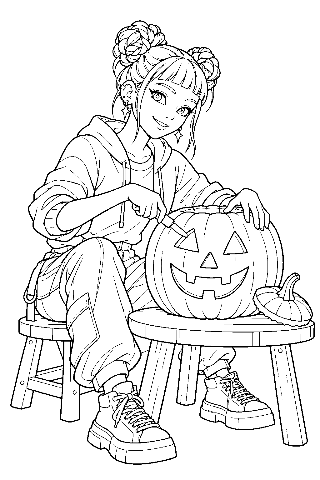 kpop demon hunters zoey carving a halloween pumpkin line art