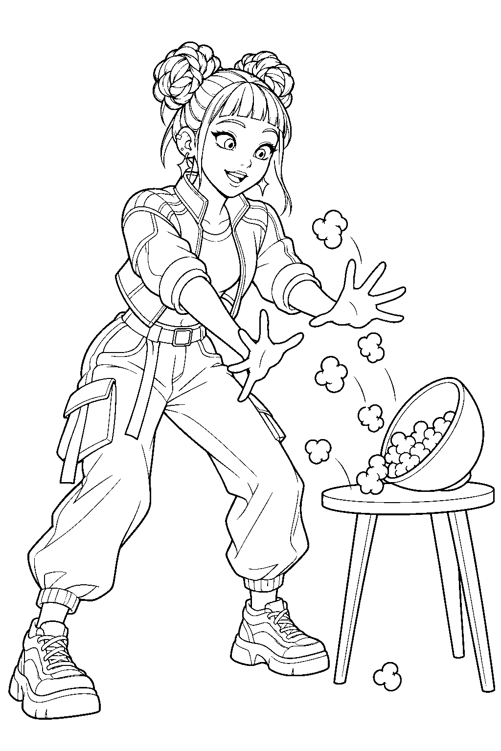 kpop demon hunters zoey catching falling popcorn line art