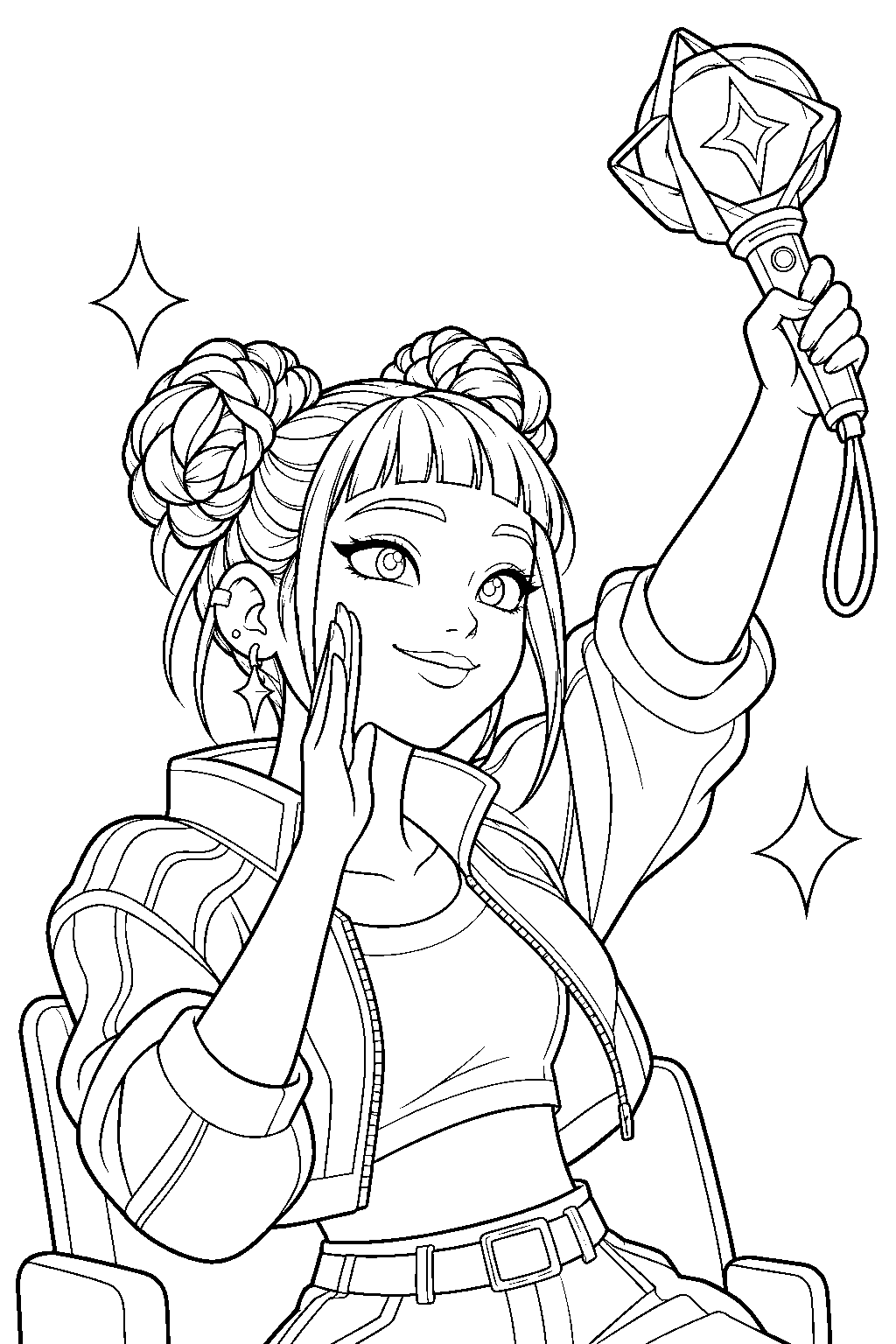 kpop demon hunters zoey cheering with a huntr x lightstick line art