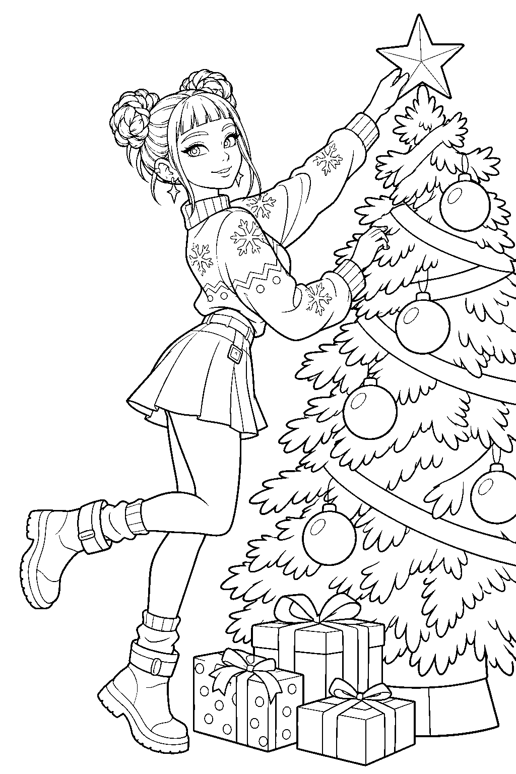 kpop demon hunters zoey decorating a christmas tree line art