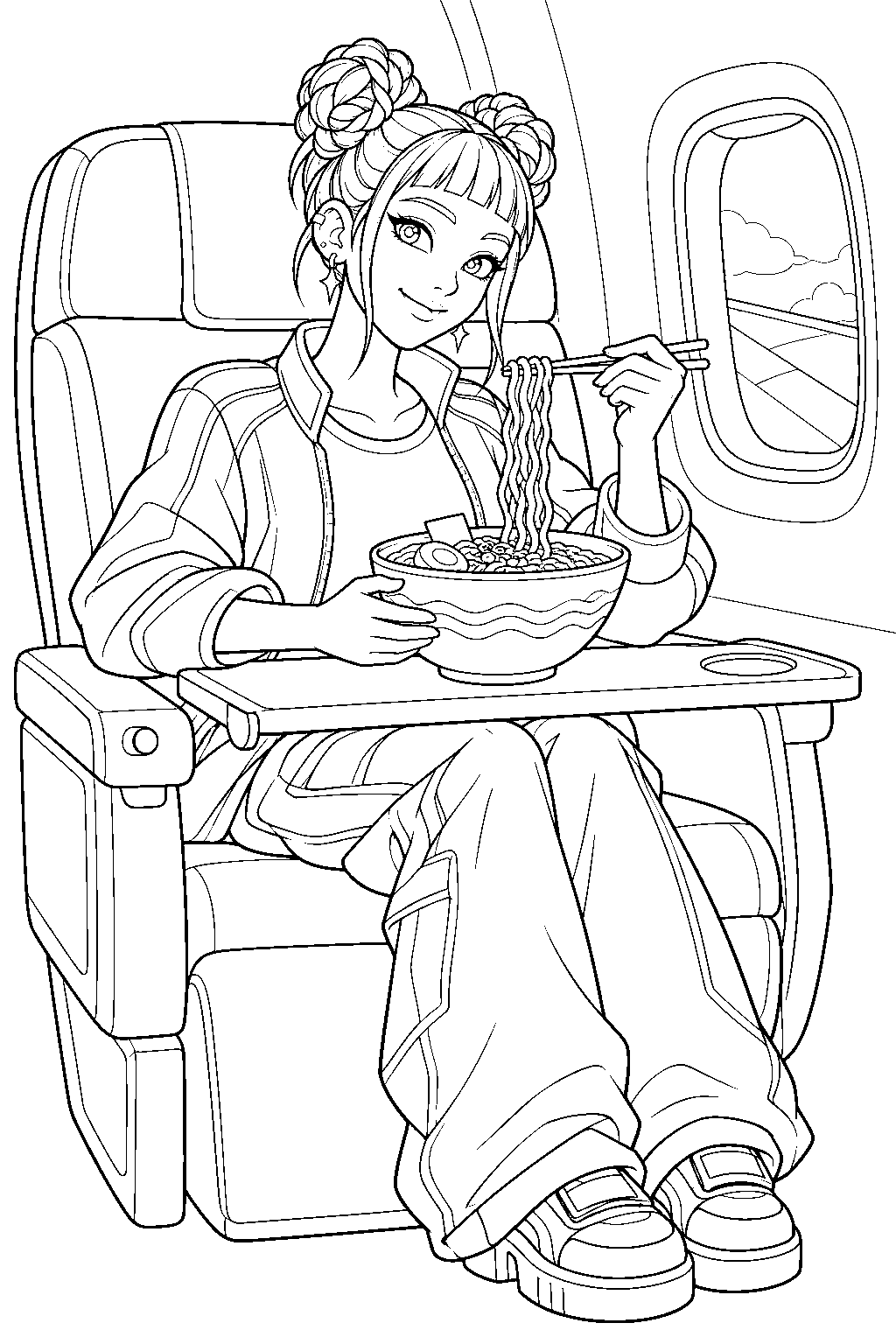 kpop demon hunters zoey eating ramen on the plane line art