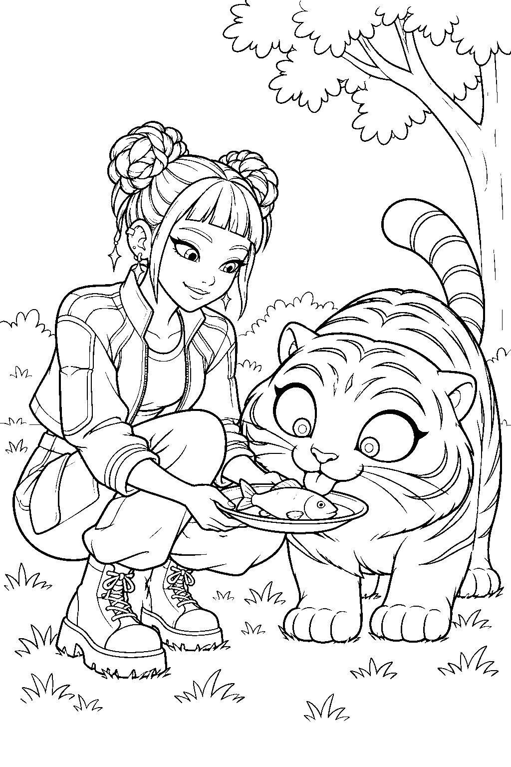 kpop demon hunters zoey feeding derpy tiger in the park line art