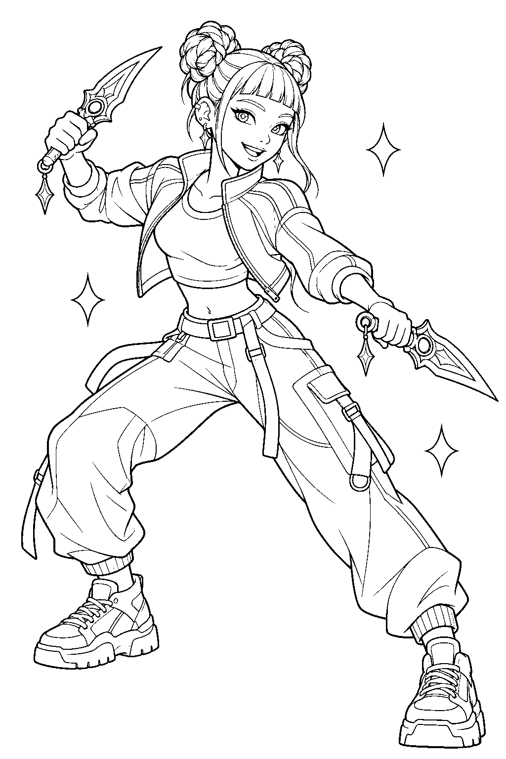 kpop demon hunters zoey holding her shin kal daggers line art