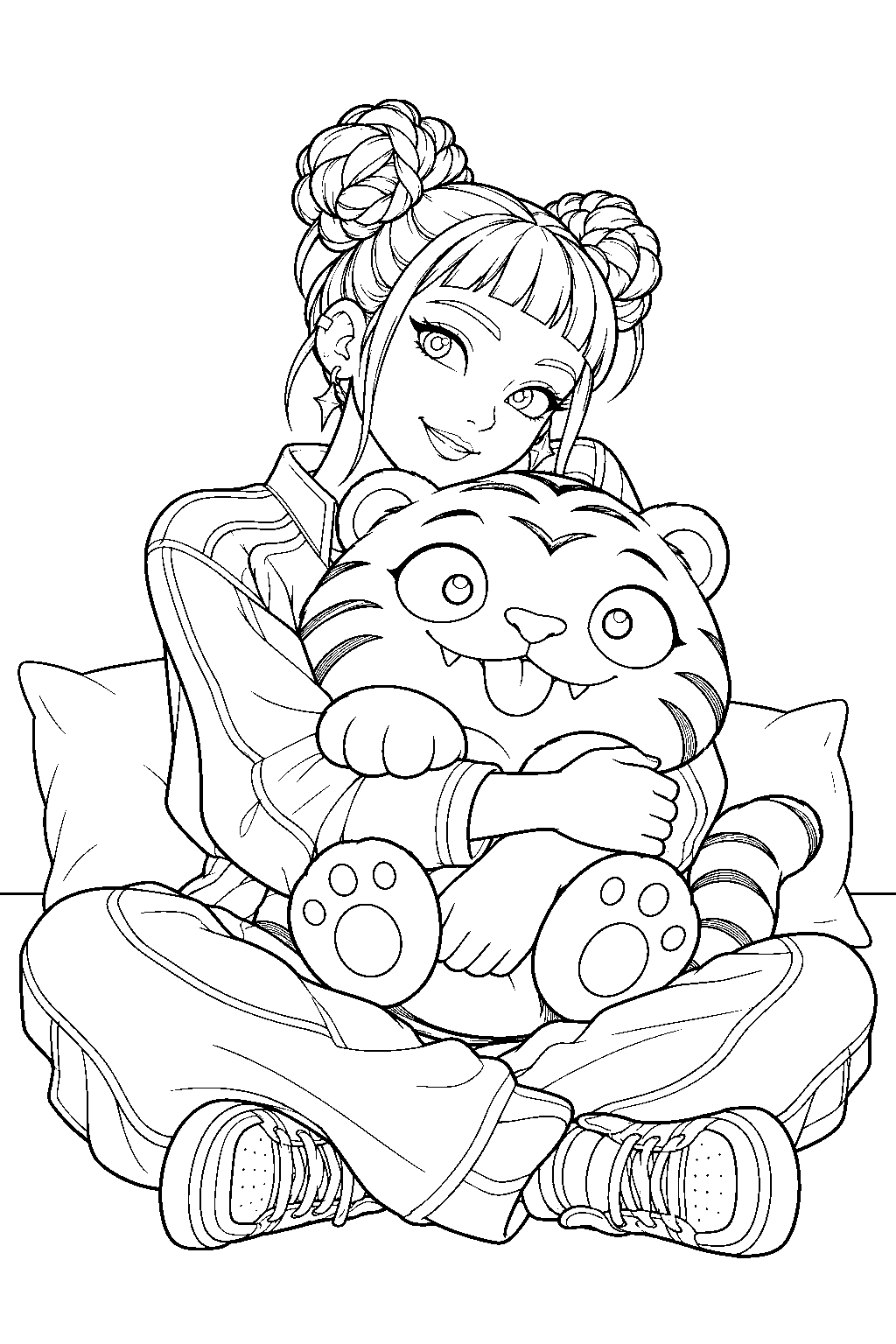 kpop demon hunters zoey hugging a derpy tiger plush line art