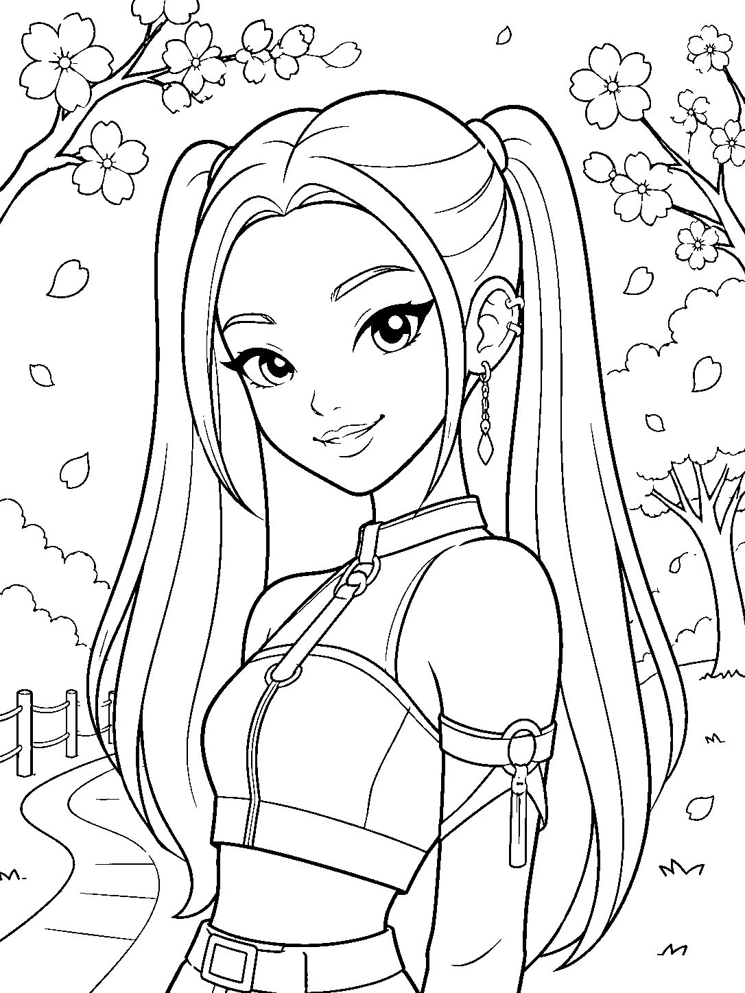 kpop demon hunters zoey in cherry blossom park line art