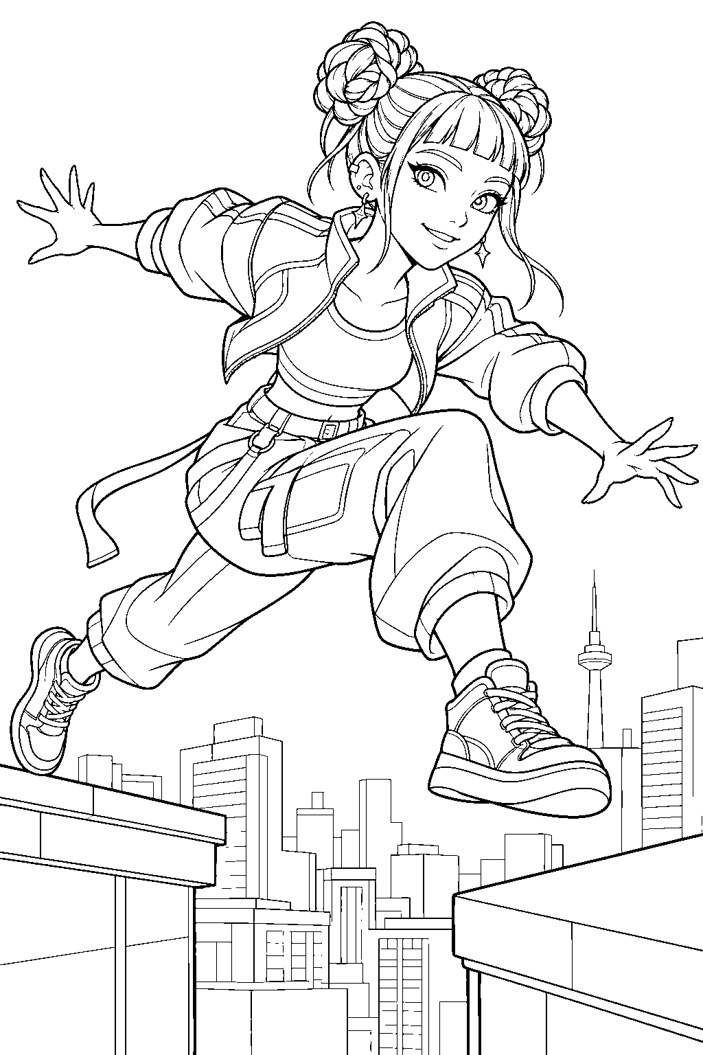 kpop demon hunters zoey jumping between rooftops line art