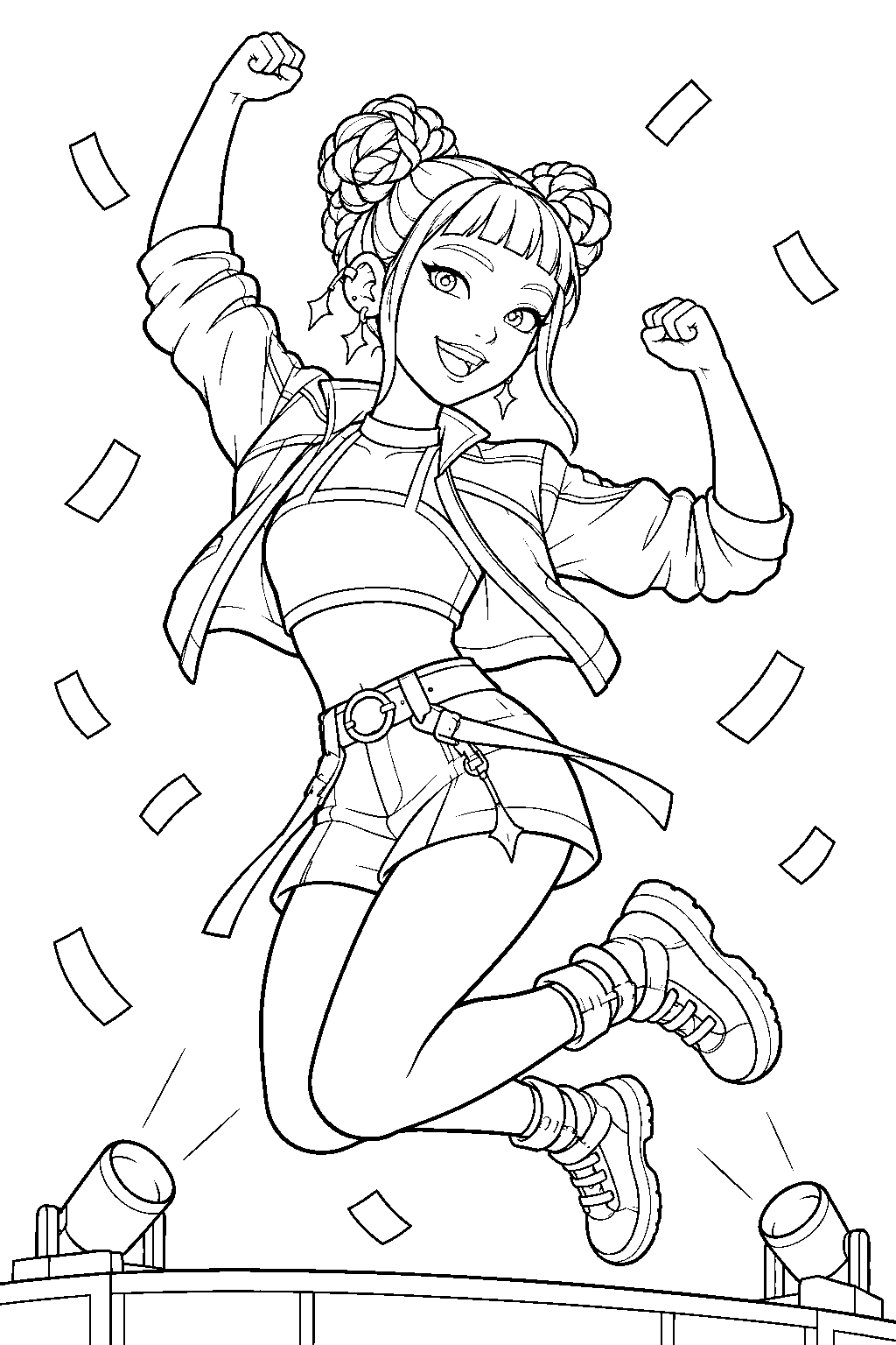kpop demon hunters zoey jumping with joy after a concert line art