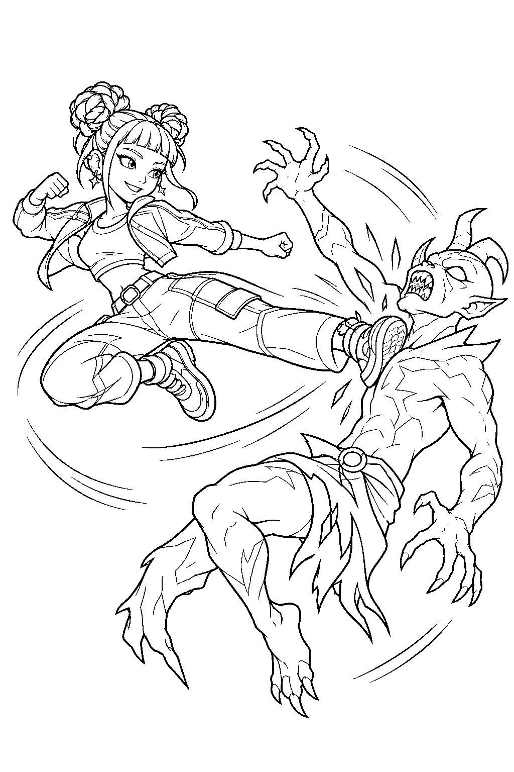 kpop demon hunters zoey kicking a demon in midair line art
