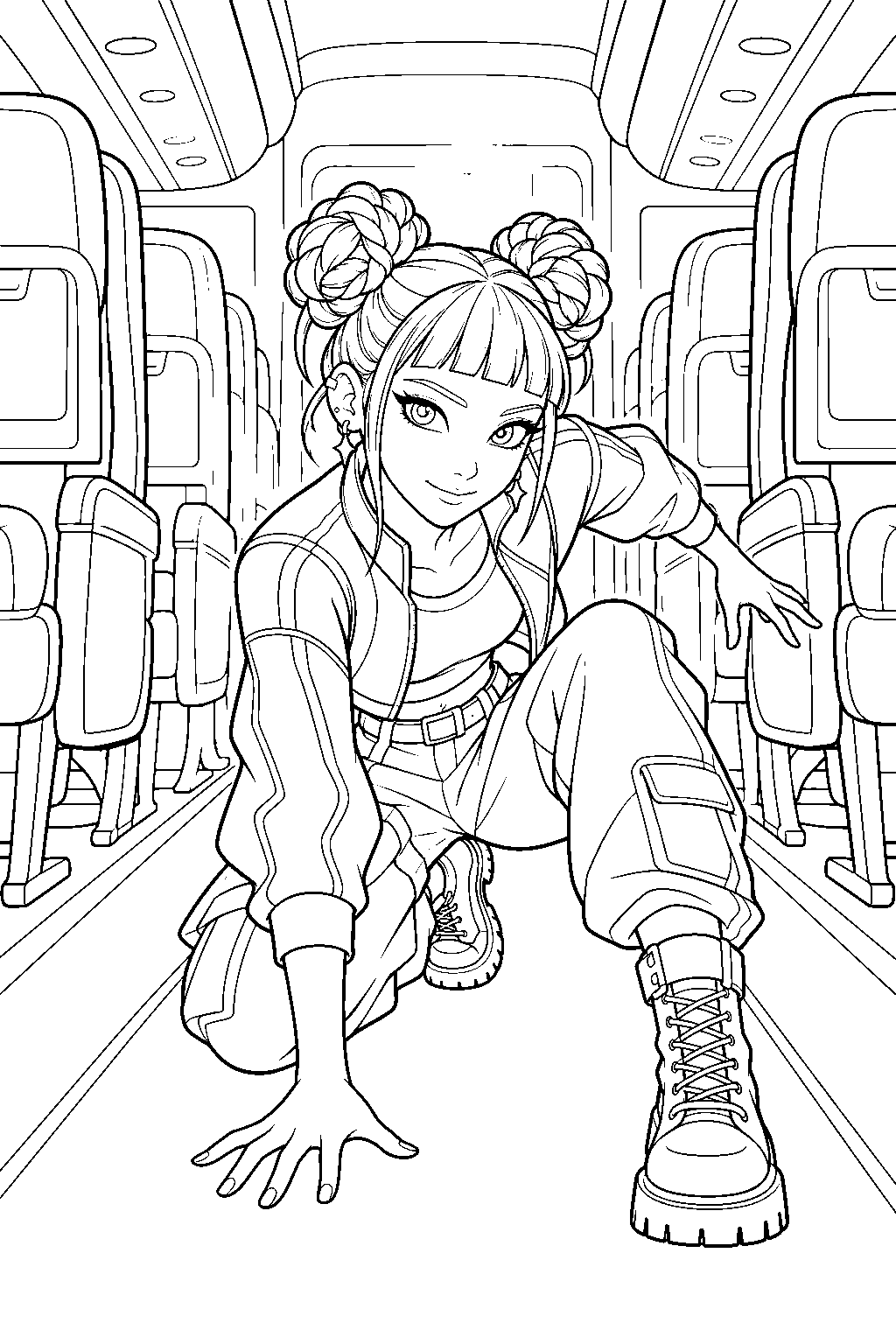 kpop demon hunters zoey landing in an airplane aisle line art
