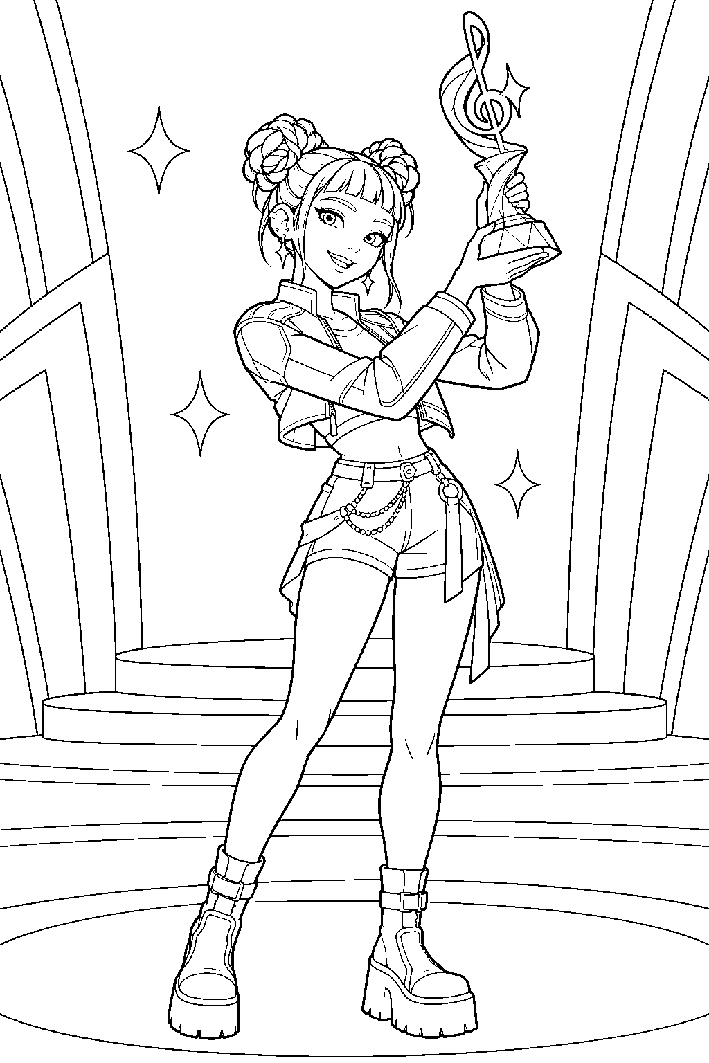 kpop demon hunters zoey lifting an idol awards trophy line art