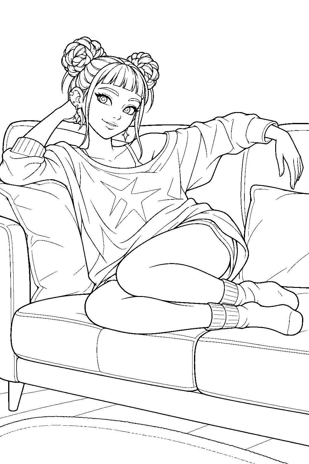 kpop demon hunters zoey lounging on the couch line art