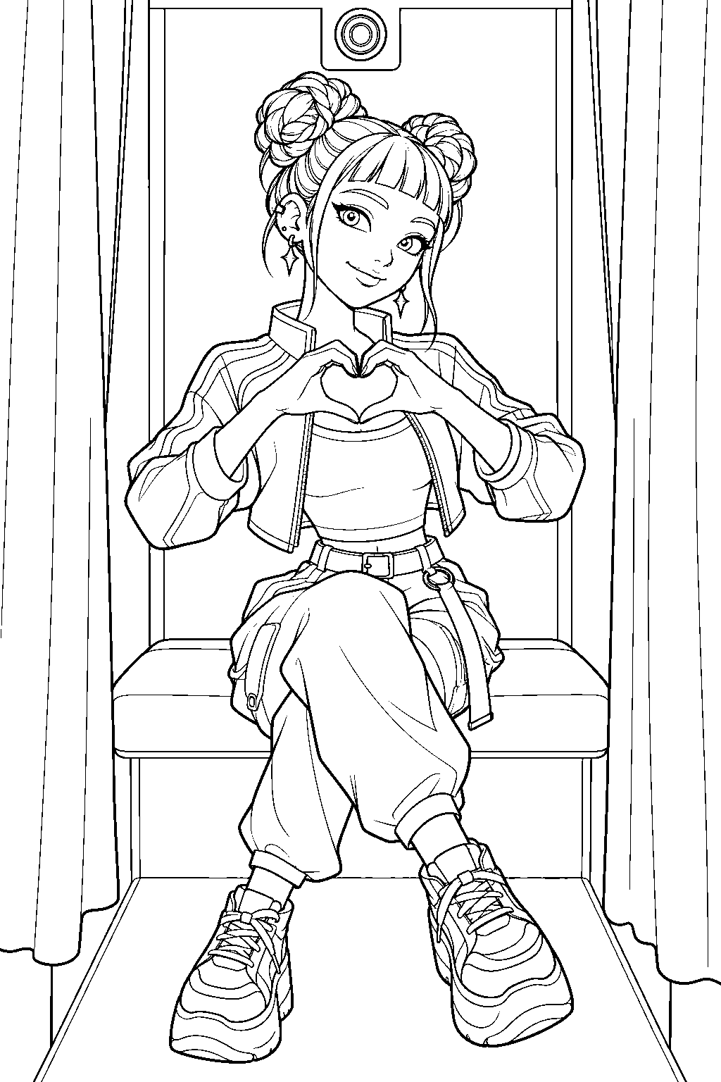 kpop demon hunters zoey making a hand heart in a photo booth line art