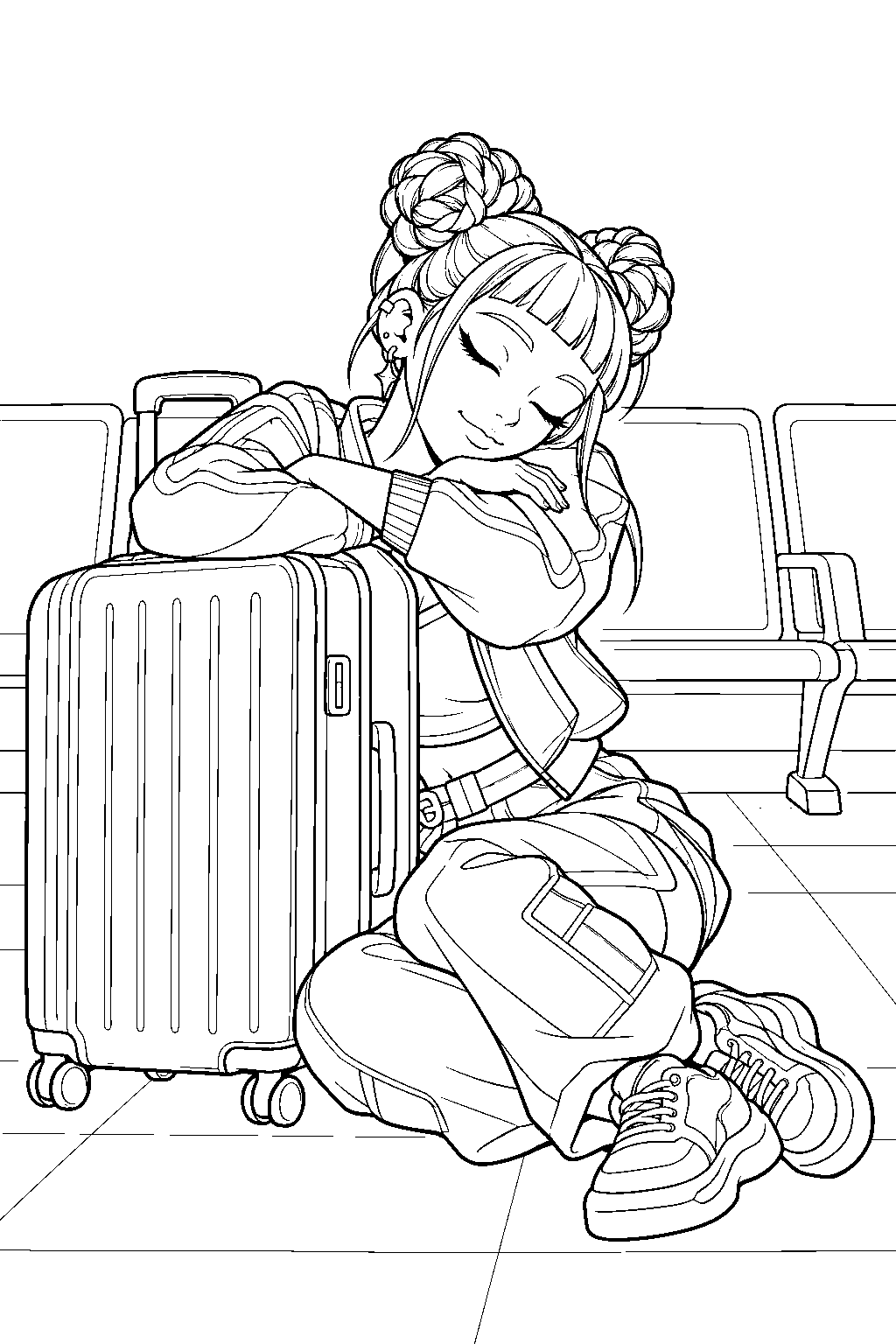 kpop demon hunters zoey napping against her suitcase line art