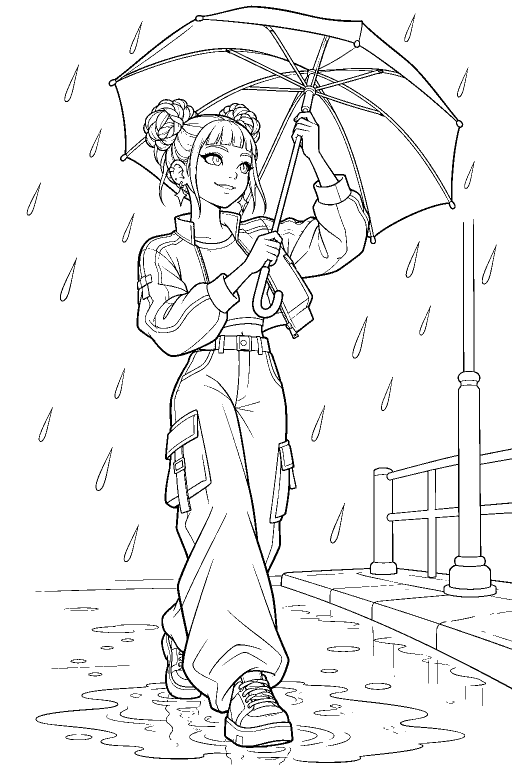kpop demon hunters zoey opening an umbrella in the rain line art