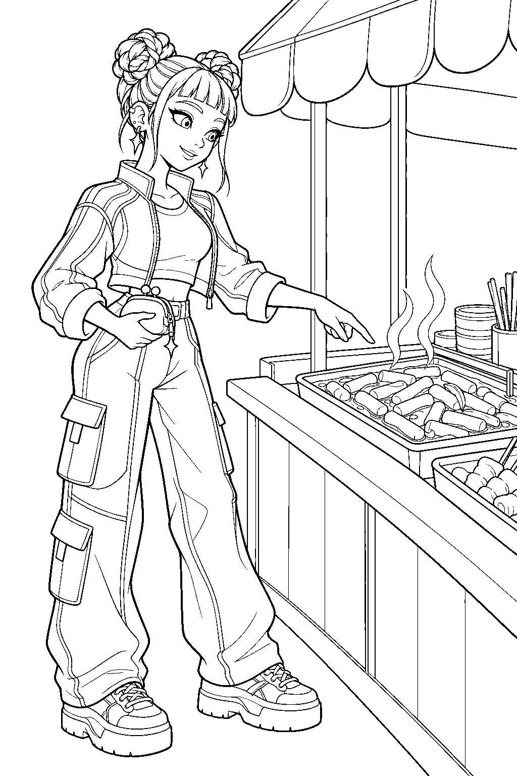 kpop demon hunters zoey ordering tteokbokki at a stall line art