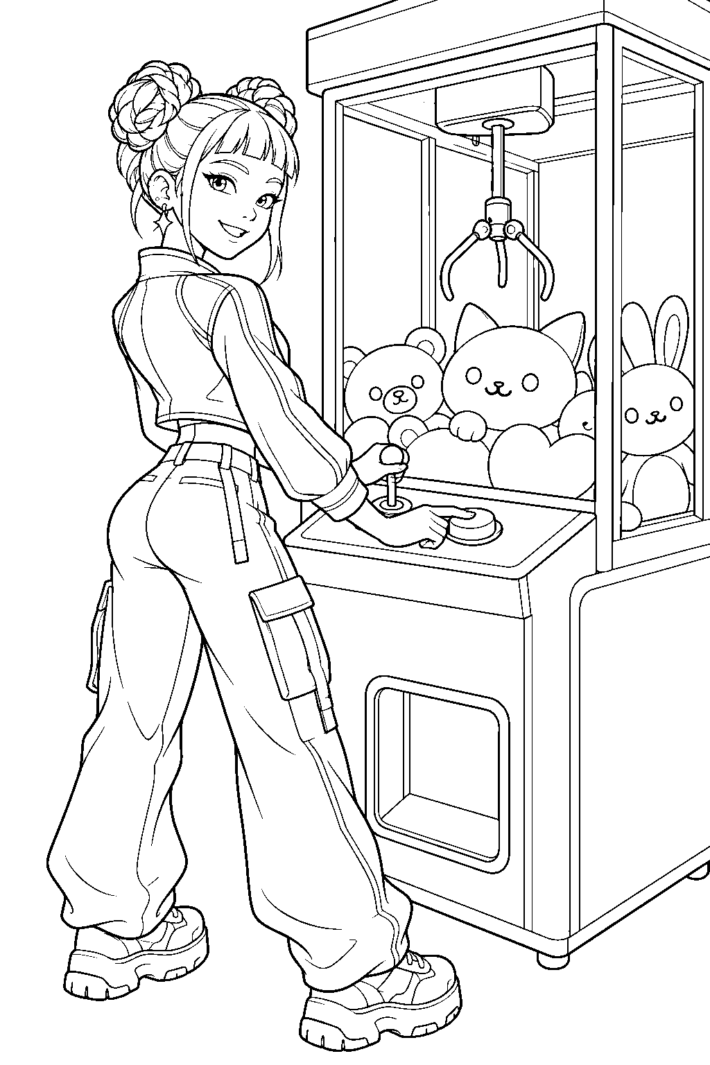 kpop demon hunters zoey playing an arcade claw machine line art