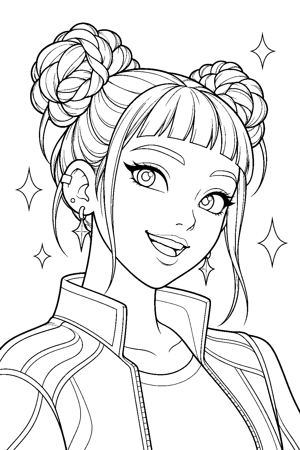 kpop demon hunters zoey portrait with twin buns line art